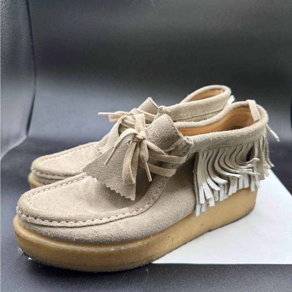 Clarks Beige Suede Ankle Boots with Fringe
